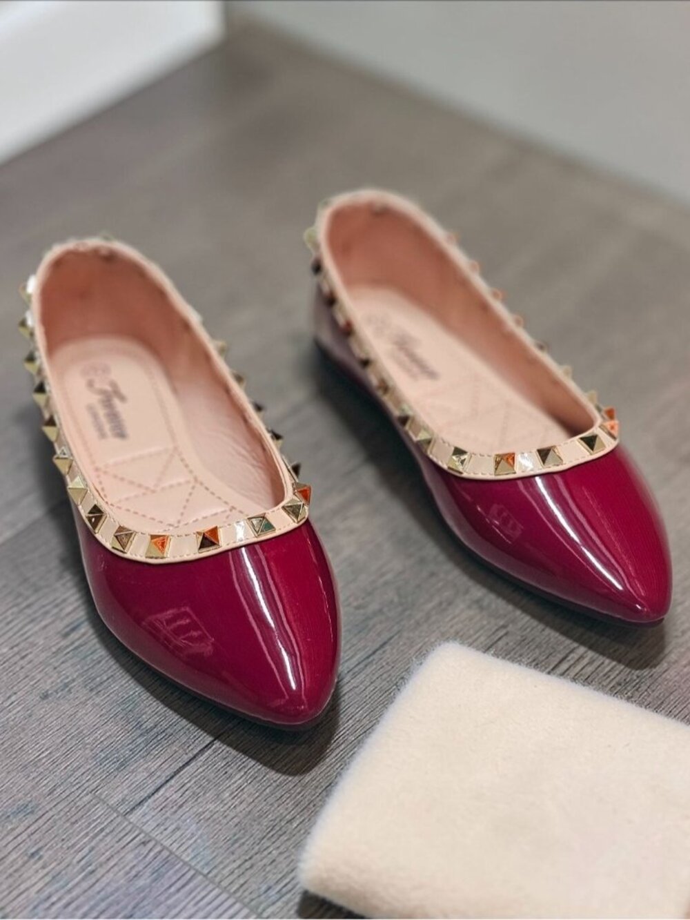 Studded Burgundy Patent Leather Flats With Pointed Toe & Quilted Insole - Picture 3 of 12
